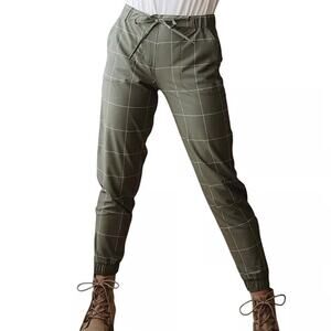 Albion Jetsetter Joggers Sz S Sage Green Windowpane Plaid Athleisure Travel Chic